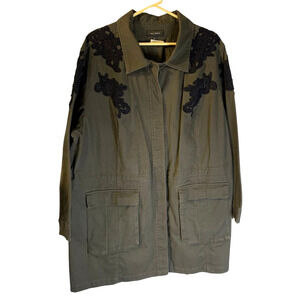 Halogen Women's Boho Crochet Applique Barn Jacket Plus Size 3X Army Green Casual